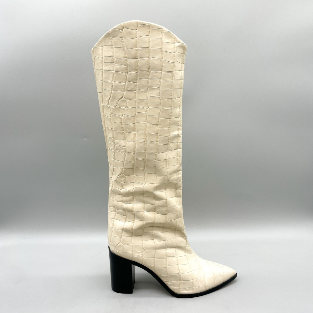 Schutz Womens 6.5B Maryana Tall Boots Cream Croc Embossed Leather Western Heels